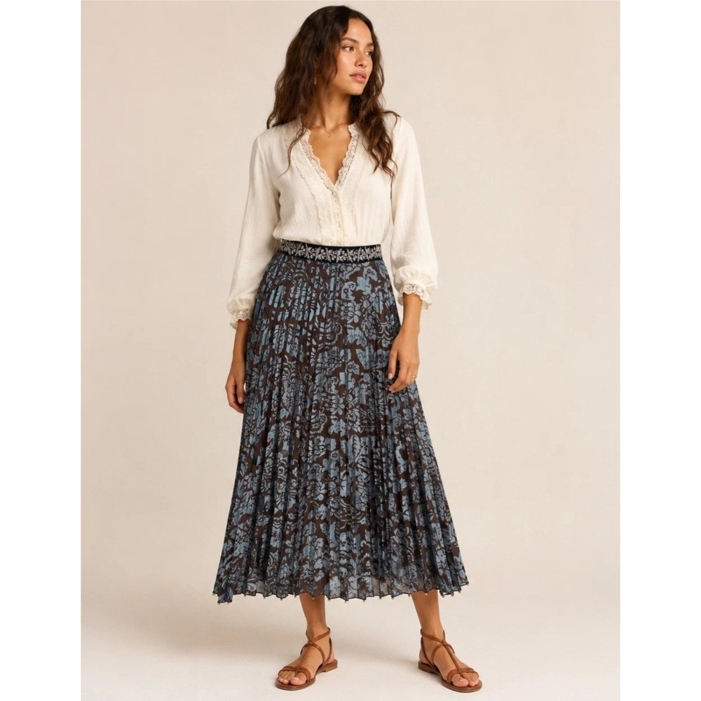 Soft Surroundings Blue & Brown Burnout Velvet Floral Pleated Maxi Skirt Sz 12P